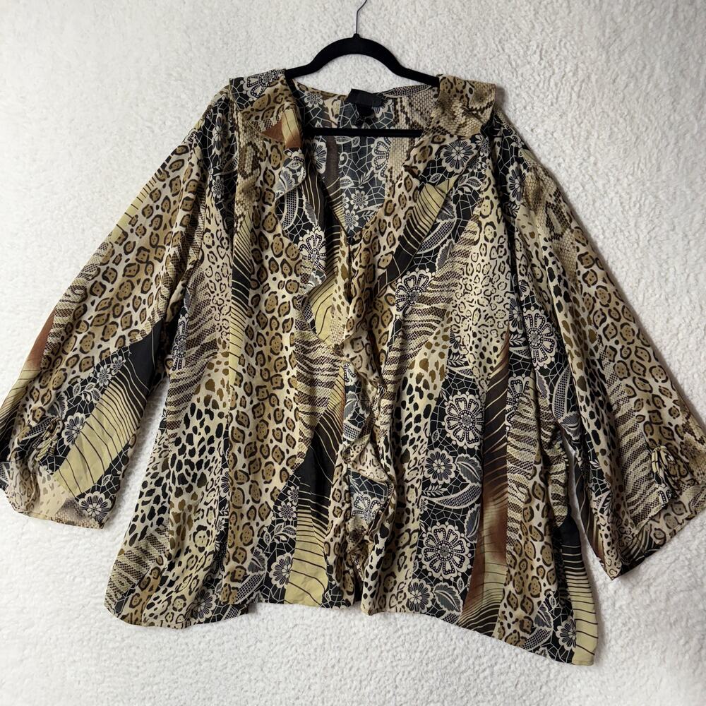 Maggie Barnes Blouse Womens Size 4X Ruffle Button Up Top Animal Floral Print Tan
